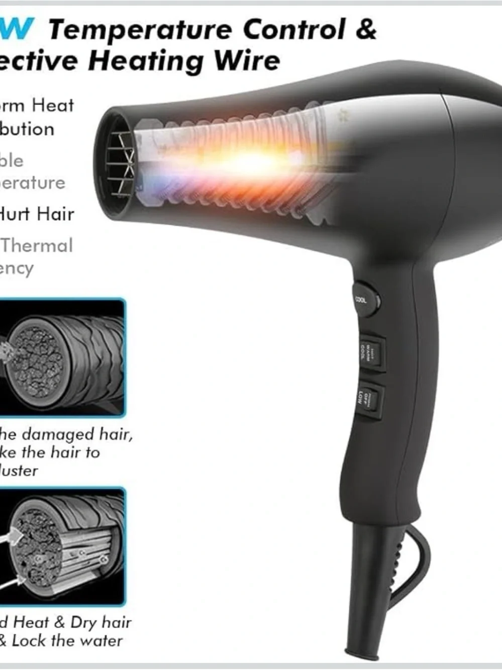 JINRI Professional Hair Dryer, 3 Heat & 2 Speed